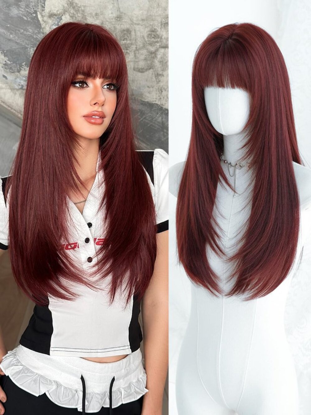 Women's Wine Red 26 Inch Heat Resistant Synthetic Long Straight Wigs Bangs